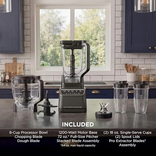 Ninja Kitchen System   All in One for Smoothies  Frozen Drinks  Veggie Chopper & More   With Full Size Pitcher  8 Cup Food Processor Bowl   2  18 oz  Cups    1200 Watt   Dark Grey   BR601AMZ