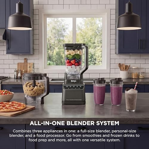 Ninja Kitchen System   All in One for Smoothies  Frozen Drinks  Veggie Chopper & More   With Full Size Pitcher  8 Cup Food Processor Bowl   2  18 oz  Cups    1200 Watt   Dark Grey   BR601AMZ