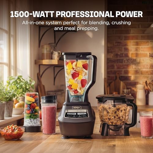 Ninja Kitchen System   All in One Food Processor & Blender for Smoothies   Includes Pitcher   2  16 oz  To Go Cups & 8 Cup Bowl   Makes Salsa  Dough  Shakes  & Frozen Drinks   1500W   Black   BL770