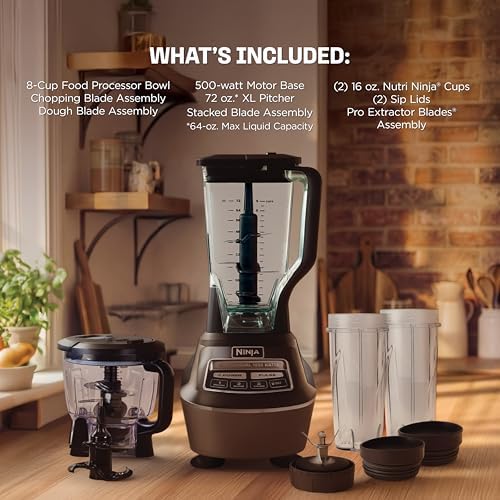 Ninja Kitchen System   All in One Food Processor & Blender for Smoothies   Includes Pitcher   2  16 oz  To Go Cups & 8 Cup Bowl   Makes Salsa  Dough  Shakes  & Frozen Drinks   1500W   Black   BL770