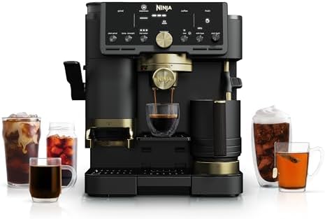 Ninja Luxe  Café Pro designed by David Beckham  Espresso Machine  Drip Coffee  Cold Brew  Hot Water  Integrated Tamper  Built in Grinder  Hands Free Frother for Lattes & More  Black/Gold  ES771BK