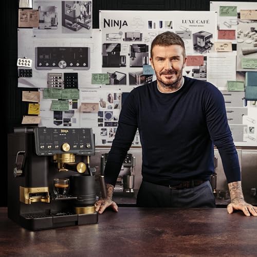 Ninja Luxe  Café Pro designed by David Beckham  Espresso Machine  Drip Coffee  Cold Brew  Hot Water  Integrated Tamper  Built in Grinder  Hands Free Frother for Lattes & More  Black/Gold  ES771BK
