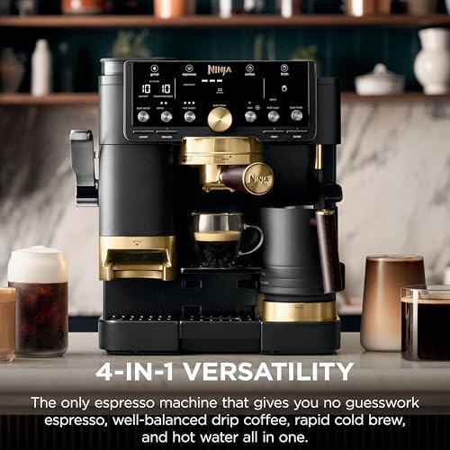 Ninja Luxe  Café Pro designed by David Beckham  Espresso Machine  Drip Coffee  Cold Brew  Hot Water  Integrated Tamper  Built in Grinder  Hands Free Frother for Lattes & More  Black/Gold  ES771BK