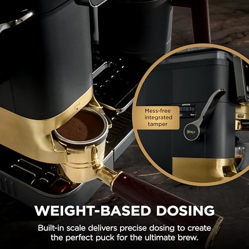 Ninja Luxe  Café Pro designed by David Beckham  Espresso Machine  Drip Coffee  Cold Brew  Hot Water  Integrated Tamper  Built in Grinder  Hands Free Frother for Lattes & More  Black/Gold  ES771BK