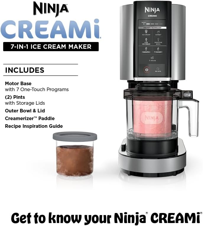 Ninja NC301 CREAMi Ice Cream Maker  for Gelato  Mix ins  Milkshakes  Sorbet  Smoothie Bowls & More  7 One Touch Programs  with  2  Pint Containers & Lids  Compact Size  Perfect for Kids  Silver