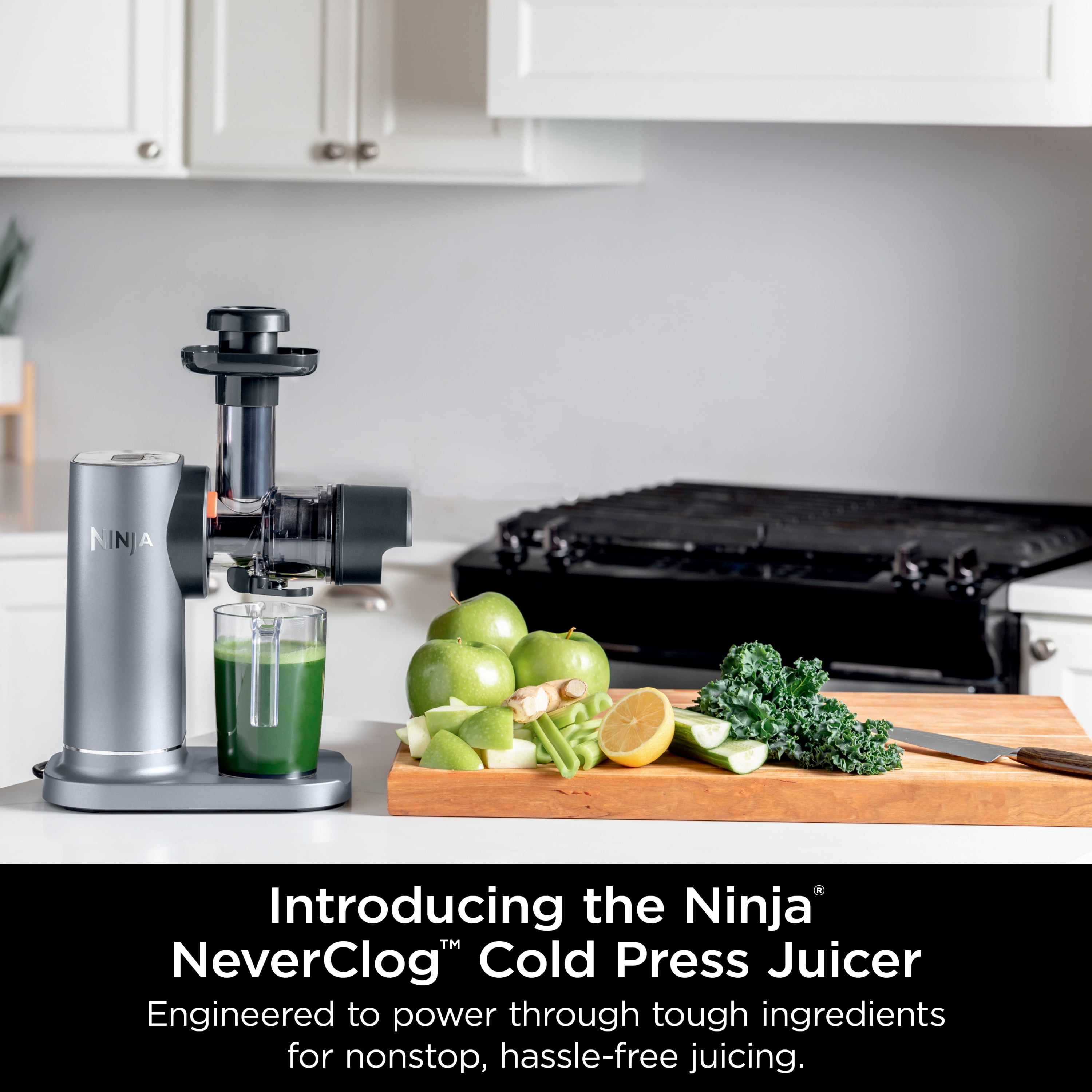 Ninja NeverClog 150 Watts Cold Press Juicer with 18oz Jug  30oz Pulp Container  2 Speed  Compact