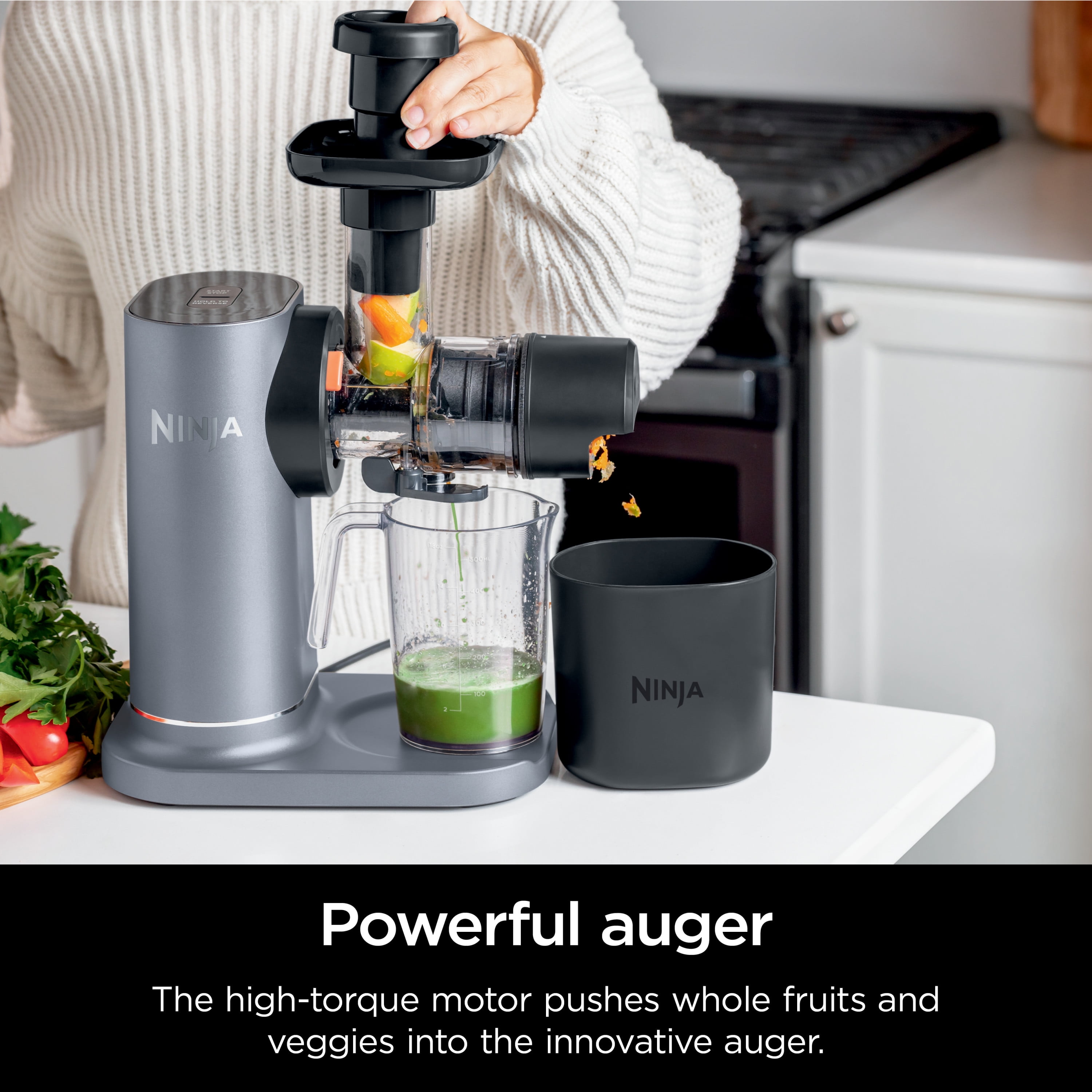 Ninja NeverClog 150 Watts Cold Press Juicer with 18oz Jug  30oz Pulp Container  2 Speed  Compact