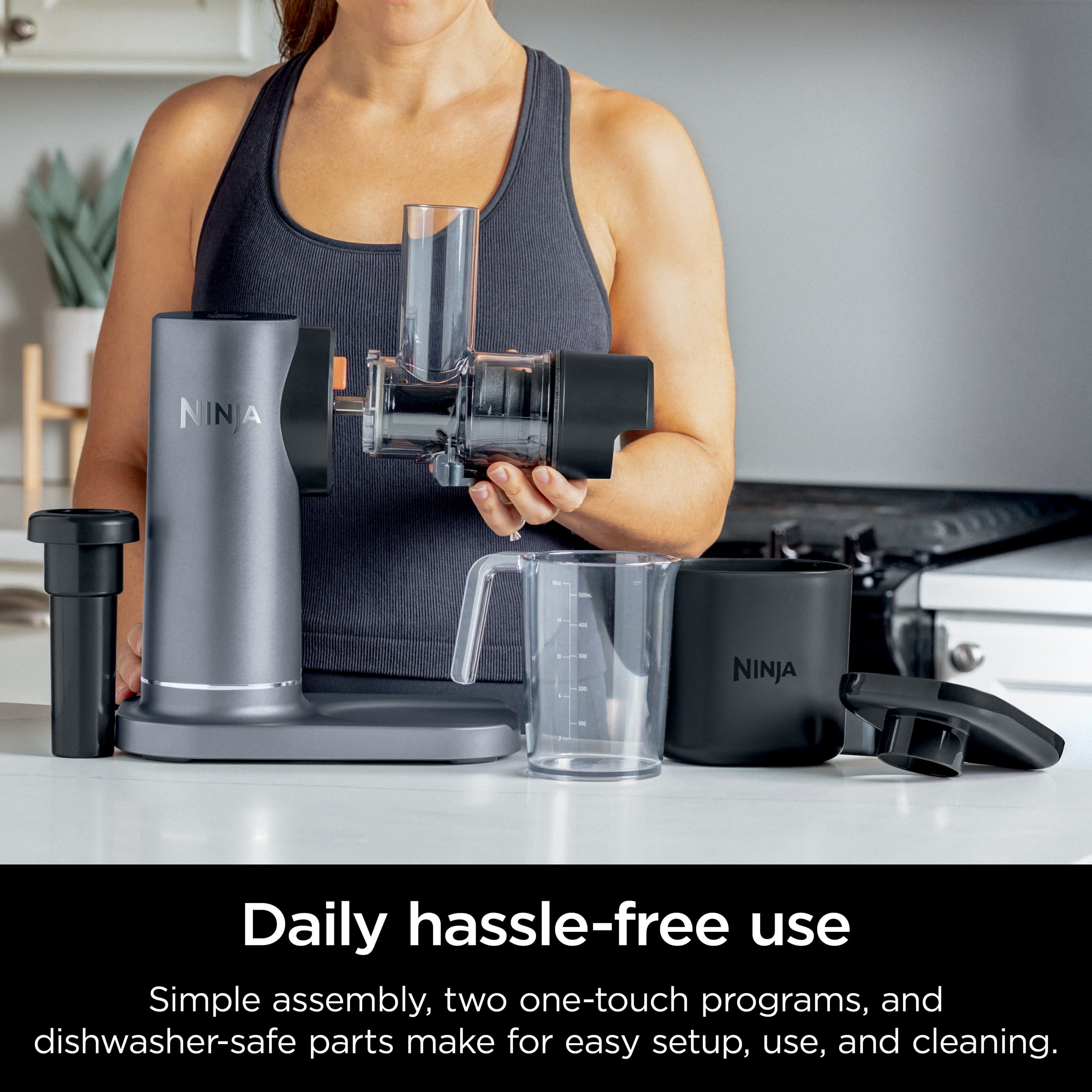 Ninja NeverClog 150 Watts Cold Press Juicer with 18oz Jug  30oz Pulp Container  2 Speed  Compact