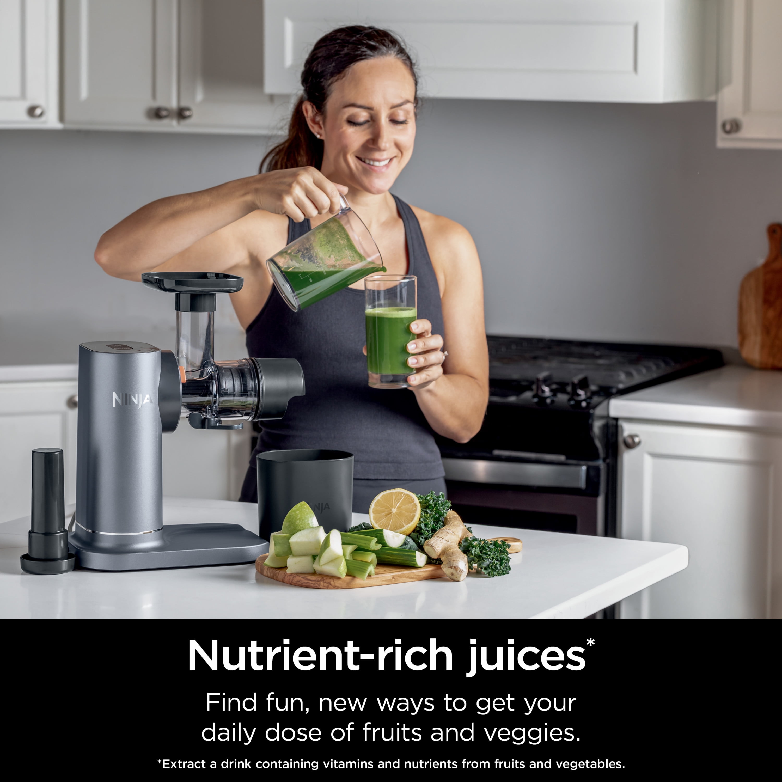 Ninja NeverClog 150 Watts Cold Press Juicer with 18oz Jug  30oz Pulp Container  2 Speed  Compact