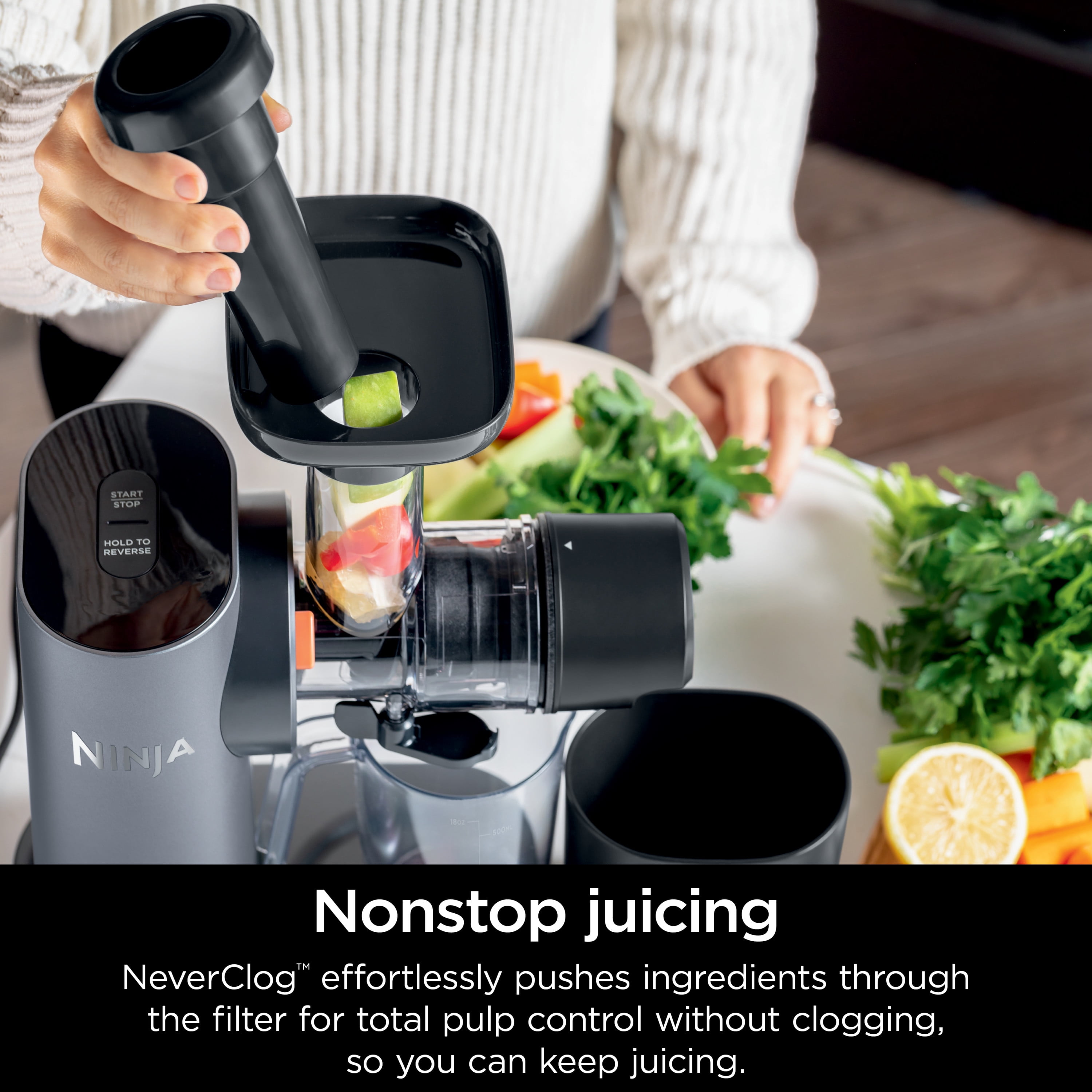 Ninja NeverClog 150 Watts Cold Press Juicer with 18oz Jug  30oz Pulp Container  2 Speed  Compact