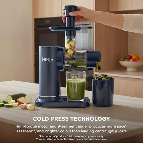 Ninja NeverClog Cold Press Juicer   Powerful Electric Slow Masticating Juicer with Pulp Control   XL Capacity   24 oz  Juice Jug & 36 oz  Pulp Container   Dishwasher Safe   Navy   150W   JC151 NV