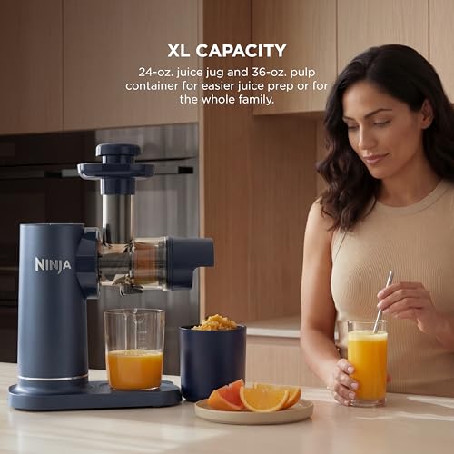 Ninja NeverClog Cold Press Juicer   Powerful Electric Slow Masticating Juicer with Pulp Control   XL Capacity   24 oz  Juice Jug & 36 oz  Pulp Container   Dishwasher Safe   Navy   150W   JC151 NV