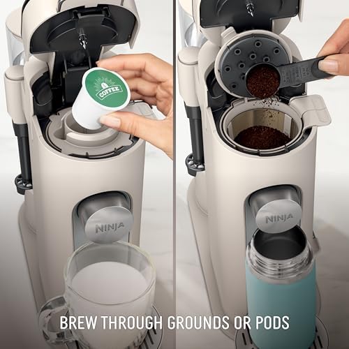 Ninja Pod & Grounds Specialty Single Serve Coffee Maker  K Cup Pod Compatible  Brews Grounds  Compact Design  Built In Milk Frother  56 oz  Reservoir  6 oz  Cup to 24 oz  Mug Sizes  Stone  PB051ST