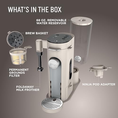 Ninja Pod & Grounds Specialty Single Serve Coffee Maker  K Cup Pod Compatible  Brews Grounds  Compact Design  Built In Milk Frother  56 oz  Reservoir  6 oz  Cup to 24 oz  Mug Sizes  Stone  PB051ST