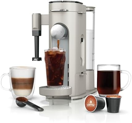 Ninja Pod & Grounds Specialty Single Serve Coffee Maker  K Cup Pod Compatible  Brews Grounds  Compact Design  Built In Milk Frother  56 oz  Reservoir  6 oz  Cup to 24 oz  Mug Sizes  Stone  PB051ST