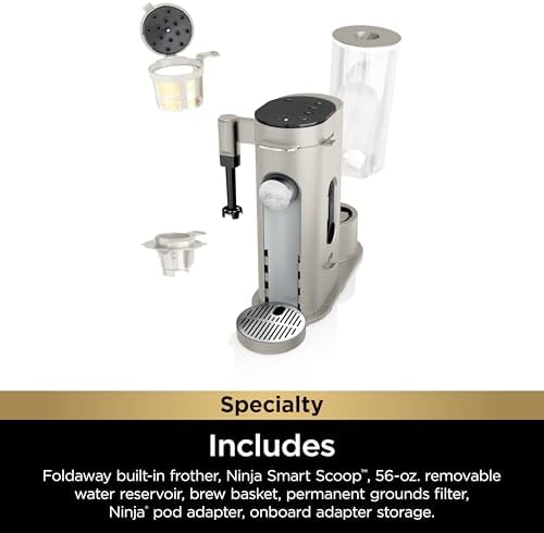 Ninja Pod & Grounds Specialty Single Serve Coffee Maker  K Cup Pod Compatible  Brews Grounds  Compact Design  Built In Milk Frother  56 oz  Reservoir  6 oz  Cup to 24 oz  Mug Sizes  Stone  PB051ST