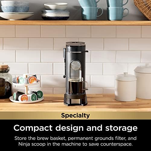 Ninja Pod & Grounds Specialty Single Serve Coffee Maker  K Cup Pod Compatible  Brews Grounds  Compact Design  Built In Milk Frother  56 oz  Reservoir  6 oz  Cup to 24 oz  Mug Sizes  Stone  PB051ST