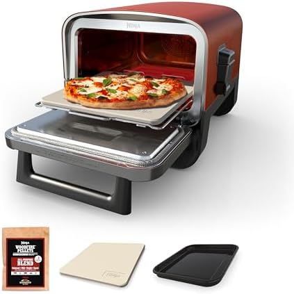 Ninja Woodfire Outdoor Pizza Oven  8 in 1 Portable Electric Roaster Oven  Heats up to 700 F  5 Artisan Pizza Settings  Integrated BBQ Smoker Box  Includes Flavored Wood Pellets  Terracotta Red