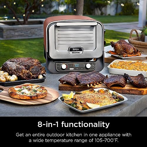 Ninja Woodfire Outdoor Pizza Oven  8 in 1 Portable Electric Roaster Oven  Heats up to 700 F  5 Artisan Pizza Settings  Integrated BBQ Smoker Box  Includes Flavored Wood Pellets  Terracotta Red