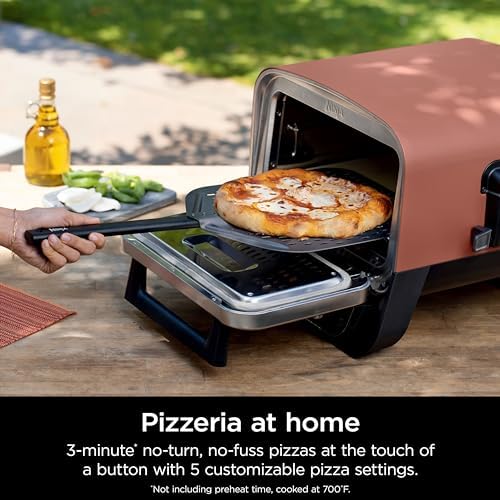 Ninja Woodfire Outdoor Pizza Oven  8 in 1 Portable Electric Roaster Oven  Heats up to 700 F  5 Artisan Pizza Settings  Integrated BBQ Smoker Box  Includes Flavored Wood Pellets  Terracotta Red