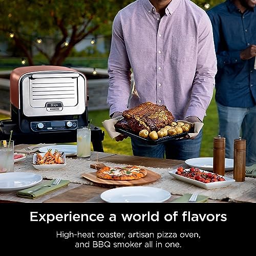 Ninja Woodfire Outdoor Pizza Oven  8 in 1 Portable Electric Roaster Oven  Heats up to 700 F  5 Artisan Pizza Settings  Integrated BBQ Smoker Box  Includes Flavored Wood Pellets  Terracotta Red