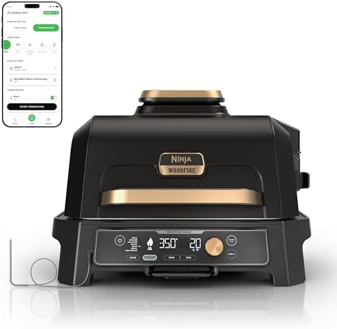 Ninja Woodfire Pro Connect XL Outdoor Grill & Smoker   Bluetooth  App Enabled   7 in 1 Grill  BBQ Smoker  Outdoor Air Fryer   Woodfire Technology   Built In Thermometer   Black & Gold   OG951BK1