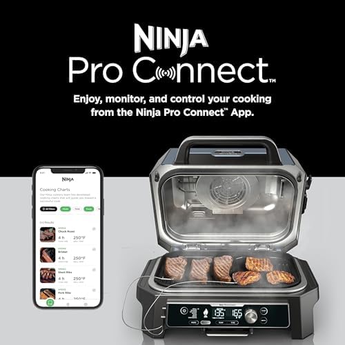 Ninja Woodfire Pro Connect XL Outdoor Grill & Smoker   Bluetooth  App Enabled   7 in 1 Grill  BBQ Smoker  Outdoor Air Fryer   Woodfire Technology   Built In Thermometer   Black & Gold   OG951BK1