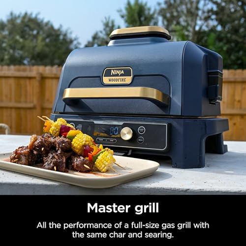 Ninja Woodfire Pro Connect XL Outdoor Grill & Smoker   Bluetooth  App Enabled   7 in 1 Grill  BBQ Smoker  Outdoor Air Fryer   Woodfire Technology   Built In Thermometer   Black & Gold   OG951BK1