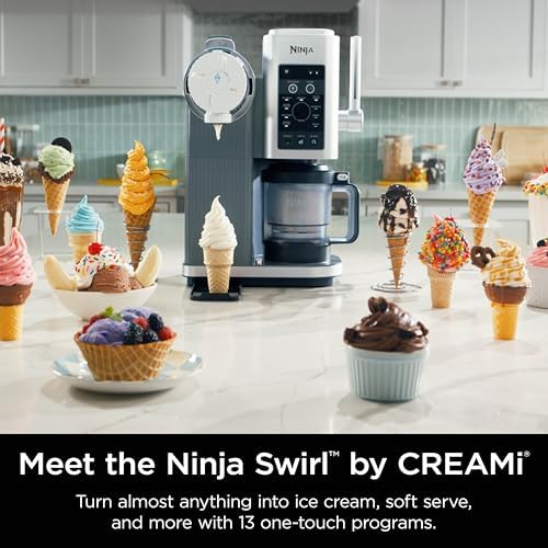 Ninja  Refurbished  Swirl by CREAMi Ice Cream and Soft Serve Maker  Sorbet  Milkshake  Frozen Yogurt  Low Calories Program 13 in 1  Soft Serve Handle   2  CREAMi Swirl 16oz Pints  Renewed 