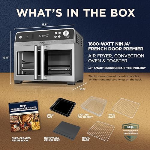 Ninja   French Door Premier Air fry Oven   10 in 1 functions   20 3 qt capacity   5 qt Air Fry Basket  Sheet Pan  Wire Rack  Broil Rack   PFAS free Cooking Surface  Dishwasher Safe Accessories   FO101