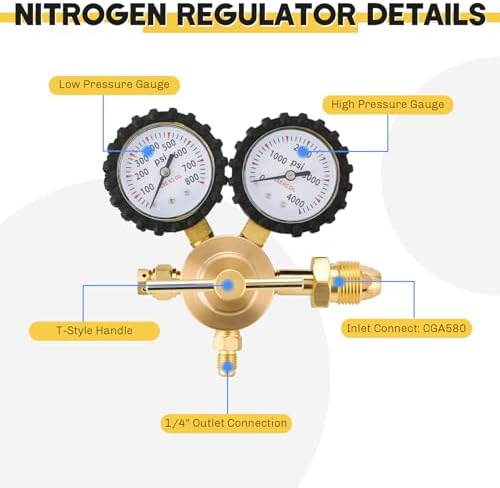 Nitrogen Regulator with 0 800 PSI Delivery Pressure   CGA580 Inlet  Heavy Duty Handle  1/4 Inch Male Flare Outlet Connection