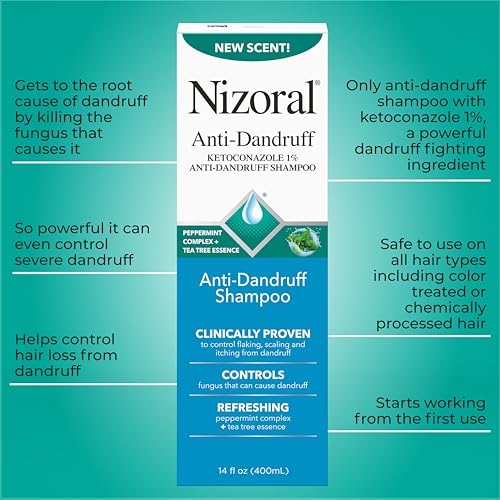Nizoral Anti Dandruff Shampoo with 1  Ketoconazole  14 Fl Oz  Peppermint and Tea Tree Scent  Anti Fungal Shampoo  For All Hair Types
