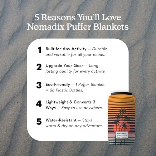 Nomadix Puffer Blanket   Water Resistant  Eco Friendly Insulated Blanket with Snaps for Camping  Beach  and Travel  Made from Recycled Materials