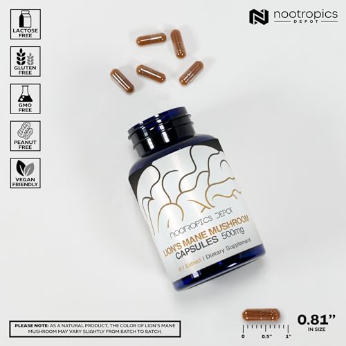 Nootropics Depot Lions Mane Mushroom Capsules   8 1 Whole Fruiting Body Dual Extract   500mg   60 Count   Hericium erinaceus