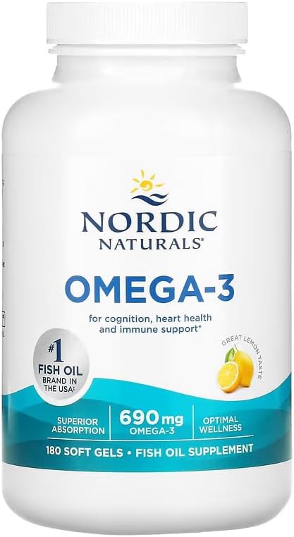 Nordic Naturals Omega 3  Lemon Flavor   180 Soft Gels   690 mg Omega 3   Fish Oil   EPA & DHA   Immune Support  Brain & Heart Health  Optimal Wellness   Non GMO   90 Servings