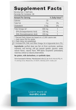 Nordic Naturals Omega 3  Lemon Flavor   180 Soft Gels   690 mg Omega 3   Fish Oil   EPA & DHA   Immune Support  Brain & Heart Health  Optimal Wellness   Non GMO   90 Servings