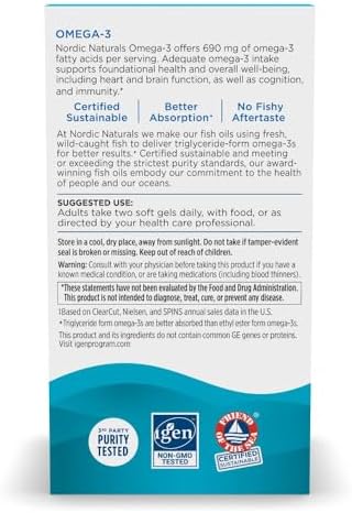 Nordic Naturals Omega 3  Lemon Flavor   180 Soft Gels   690 mg Omega 3   Fish Oil   EPA & DHA   Immune Support  Brain & Heart Health  Optimal Wellness   Non GMO   90 Servings