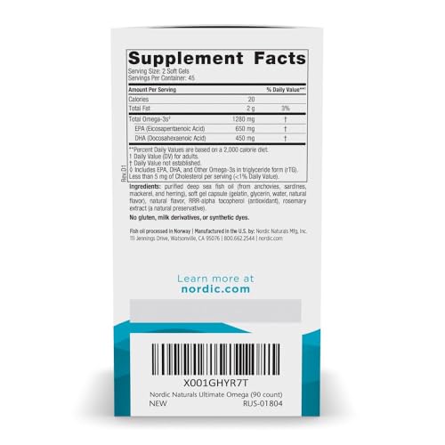 Nordic Naturals Ultimate Omega  Lemon Flavor   90 Soft Gels   1280 mg Omega 3   High Potency Omega 3 Fish Oil Supplement with EPA & DHA   Promotes Brain & Heart Health   Non GMO   45 Servings