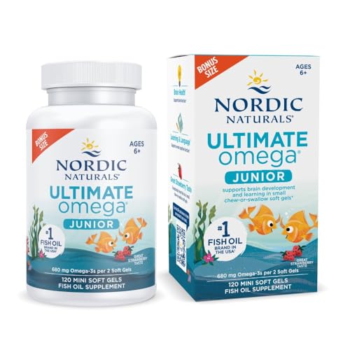 Nordic Naturals Ultimate Omega Jr   Strawberry   120 Mini Soft Gels   680 Total Omega 3s with EPA & DHA   Brain Health  Mood  Learning   Non GMO   60 Servings