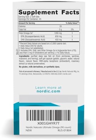 Nordic Naturals Ultimate Omega  Lemon Flavor   120 Soft Gels   1280 mg Omega 3   High Potency Fish Oil Supplement with EPA & DHA   Promotes Brain & Heart Health   Non GMO   60 Servings