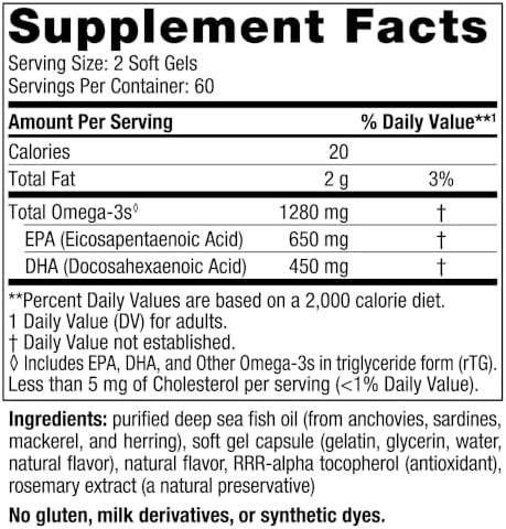 Nordic Naturals Ultimate Omega  Lemon Flavor   120 Soft Gels   1280 mg Omega 3   High Potency Fish Oil Supplement with EPA & DHA   Promotes Brain & Heart Health   Non GMO   60 Servings