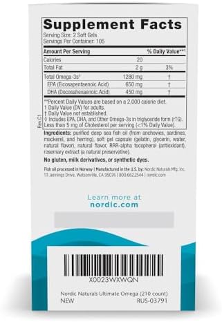 Nordic Naturals Ultimate Omega  Lemon Flavor   120 Soft Gels   1280 mg Omega 3   High Potency Fish Oil Supplement with EPA & DHA   Promotes Brain & Heart Health   Non GMO   60 Servings