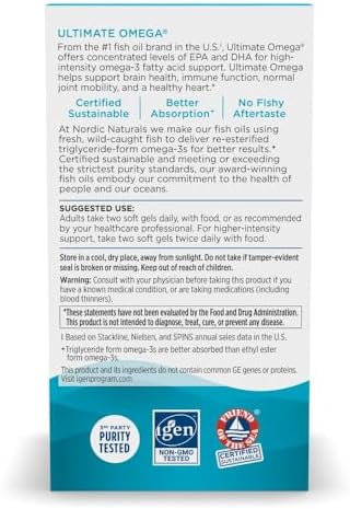 Nordic Naturals Ultimate Omega  Lemon Flavor   120 Soft Gels   1280 mg Omega 3   High Potency Fish Oil Supplement with EPA & DHA   Promotes Brain & Heart Health   Non GMO   60 Servings