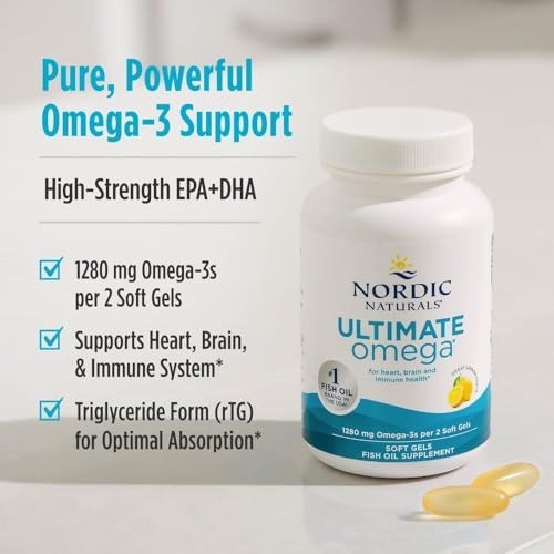 Nordic Naturals Ultimate Omega  Lemon Flavor   180 Soft Gels   1280 mg Omega 3   High Potency Fish Oil with EPA & DHA   Promotes Brain & Heart Health   Non GMO   90 Servings
