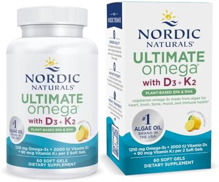 Nordic Naturals Ultimate Omega Plant Based Vitamin with Vitamin D3 K2 60 Vegetarian Soft Gels   1210 mg Omega 3s Plus 2000 IU D3 and 90 mcg K2   Promotes Brain Health   Non GMO   30 Servings