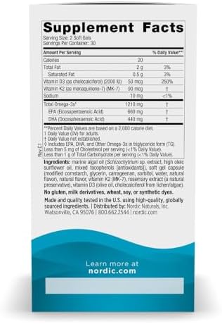 Nordic Naturals Ultimate Omega Plant Based Vitamin with Vitamin D3 K2 60 Vegetarian Soft Gels   1210 mg Omega 3s Plus 2000 IU D3 and 90 mcg K2   Promotes Brain Health   Non GMO   30 Servings