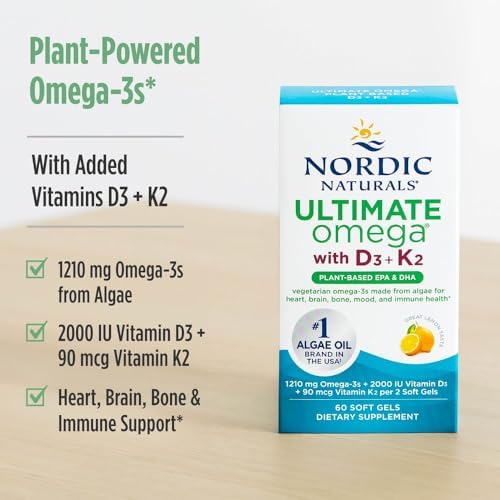 Nordic Naturals Ultimate Omega Plant Based Vitamin with Vitamin D3 K2 60 Vegetarian Soft Gels   1210 mg Omega 3s Plus 2000 IU D3 and 90 mcg K2   Promotes Brain Health   Non GMO   30 Servings