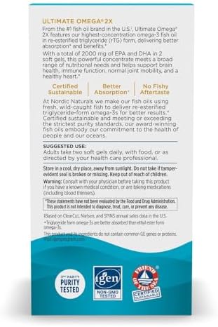 Nordic Naturals Ultimate Omega 2X  Lemon Flavor   120 Soft Gels   2150 mg Omega 3   High Potency Fish Oil with EPA & DHA   Promotes Brain & Heart Health   Non GMO   60 Servings