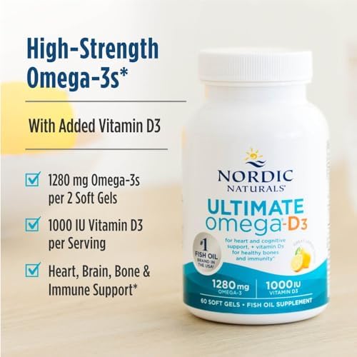 Nordic Naturals Ultimate Omega D3  Lemon Flavor   120 Soft Gels   1280 mg Omega 3   1000 IU Vitamin D3   EPA & DHA   Promotes Brain  Heart  & Immune Health   60 Servings