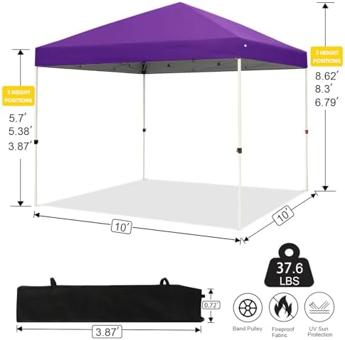 Northroad 10x10ft Pop Up Canopy  Popup Outdoor Canopy Tent with Wheeled Carrying Bag Portable Gazebo Shelter for Patio Deck Garden Beach Purple 